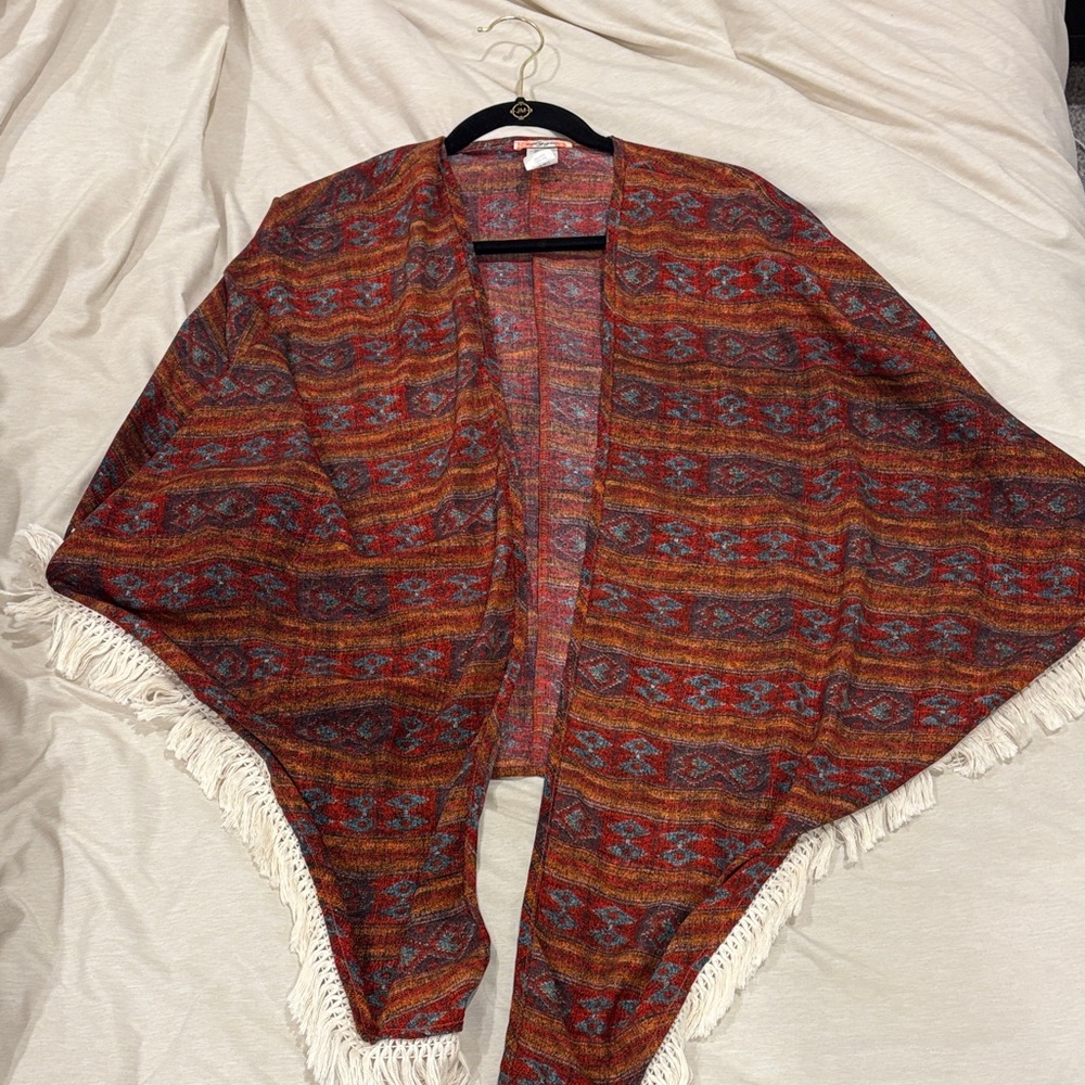 Boutique Open Front Fringe Wrap Sweater - Rust Multi